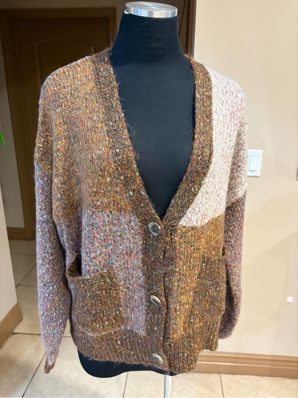 Blu Pepper Multitone Brown Colorblock V-Neck Button Cardigan